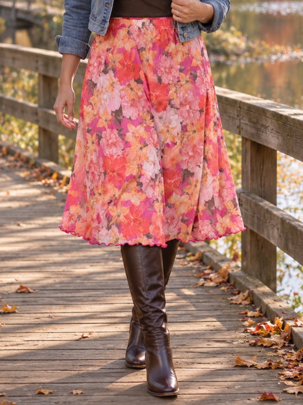 Floral A-Line Midi Skirt in Pink Multi